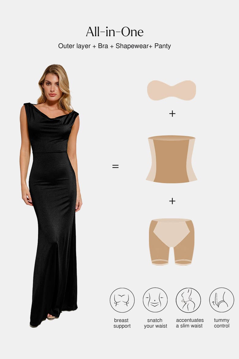 Shimmering Cowl Neck Built-in Shapewear Evening Maxi Dress, Alternate, color, Midnight Black