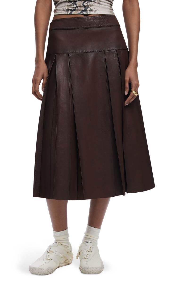 Desigual Pleated Leather Midi Skirt, Main, color, Brown