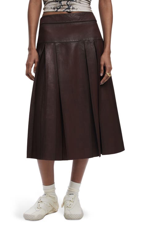 Pleated Leather Midi Skirt