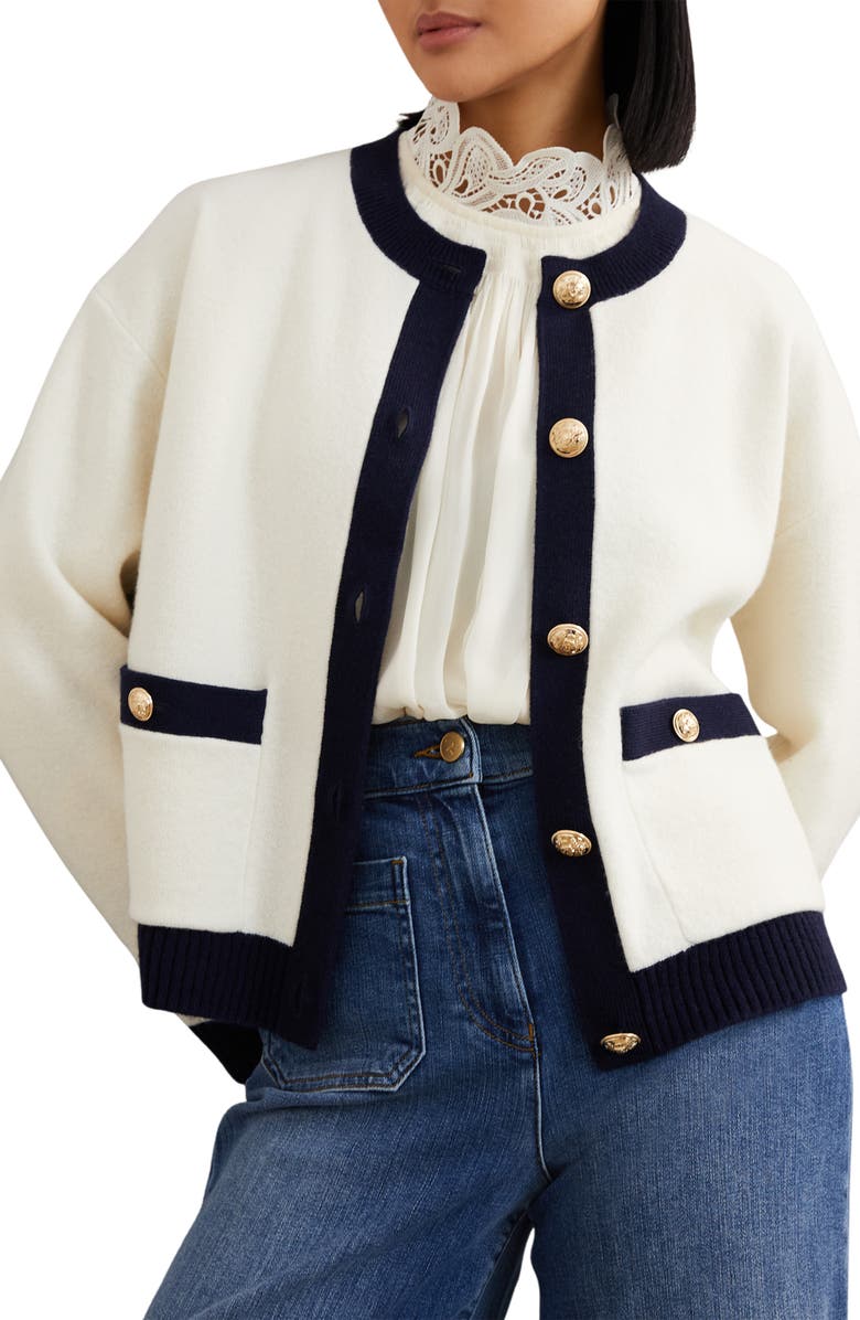 Reiss Olive Crewneck Wool & Cashmere Cardigan, Main, color, Cream/ Navy