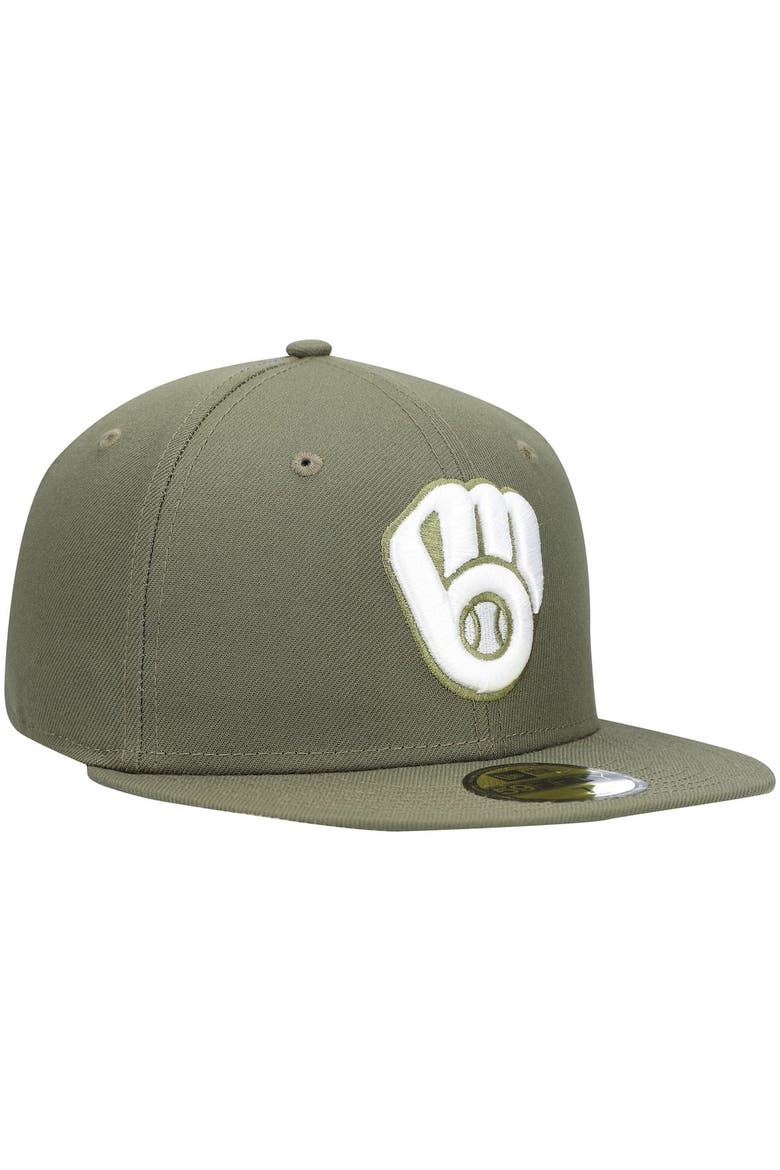 Men's New Era Olive Milwaukee Brewers White Logo 59FIFTY Fitted Hat, Alternate, color, Olive