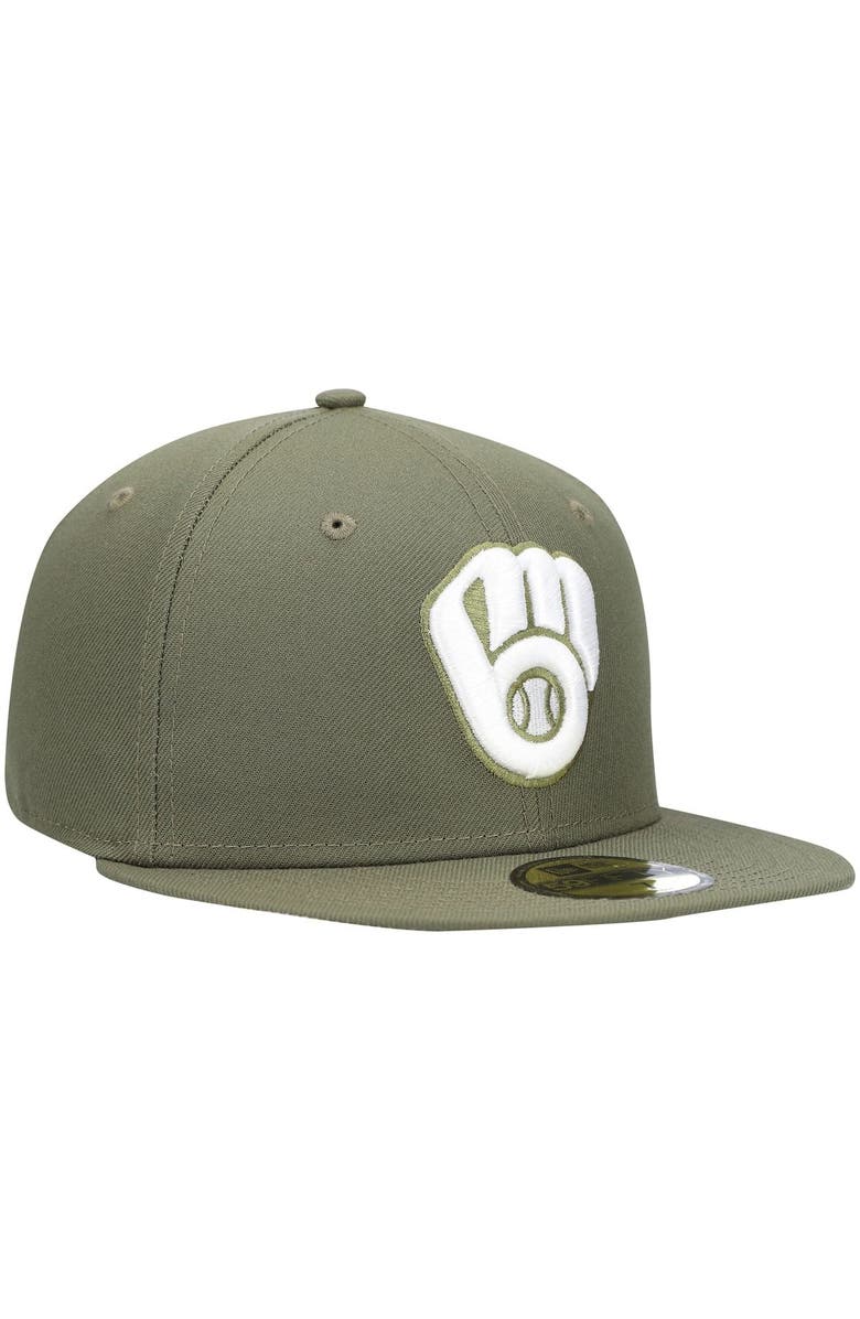New Era Men's New Era Olive Milwaukee Brewers White Logo 59FIFTY Fitted Hat, Alternate, color, Olive