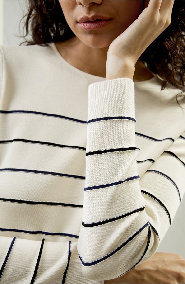 Lilysilk Cropped Silk-knitted Long Sleeve Tee for, Alternate, color, White With Stripes