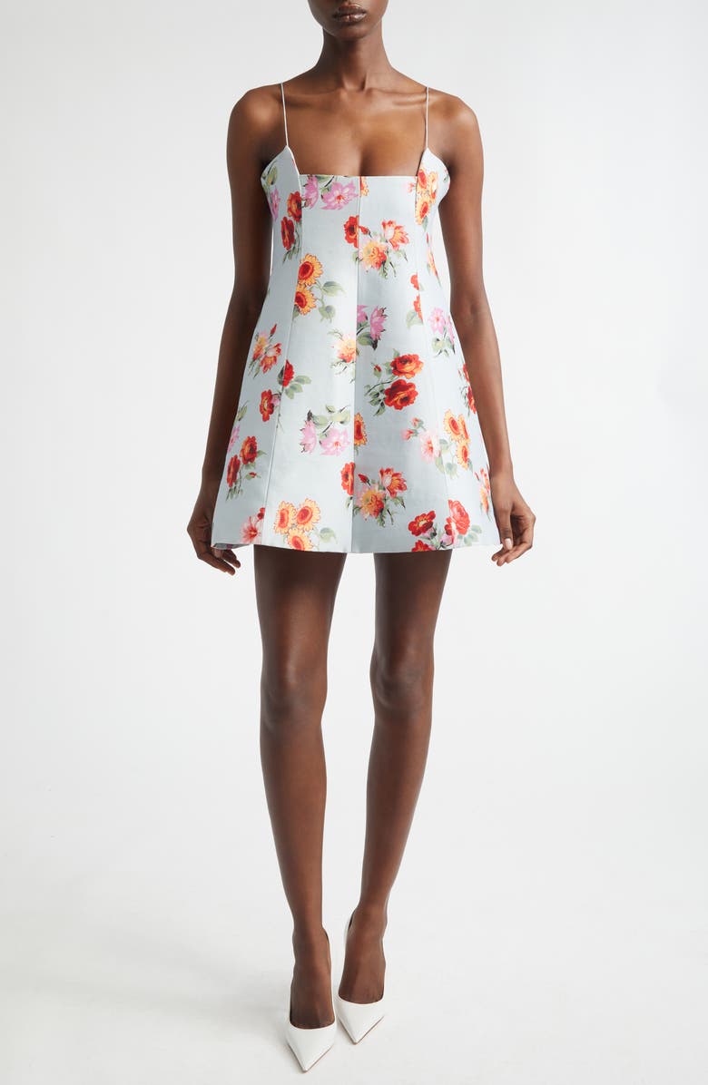 Brandon Maxwell The Zinnia Floral Virgin Wool & Silk Faille Trapeze Minidress, Main, color, Light Blue Floral