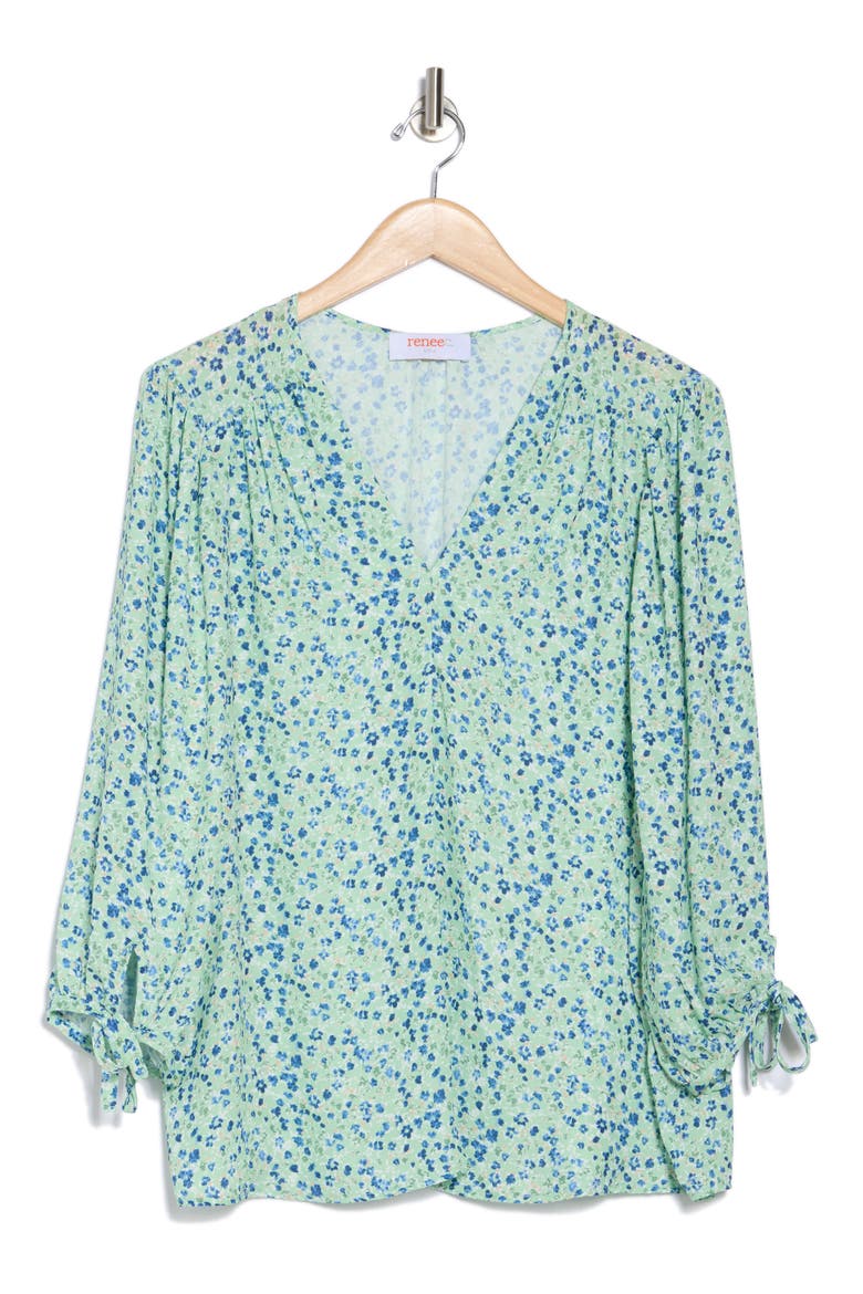 Ditsy Floral V-Neck Long Sleeve Top, Alternate, color, SAGE