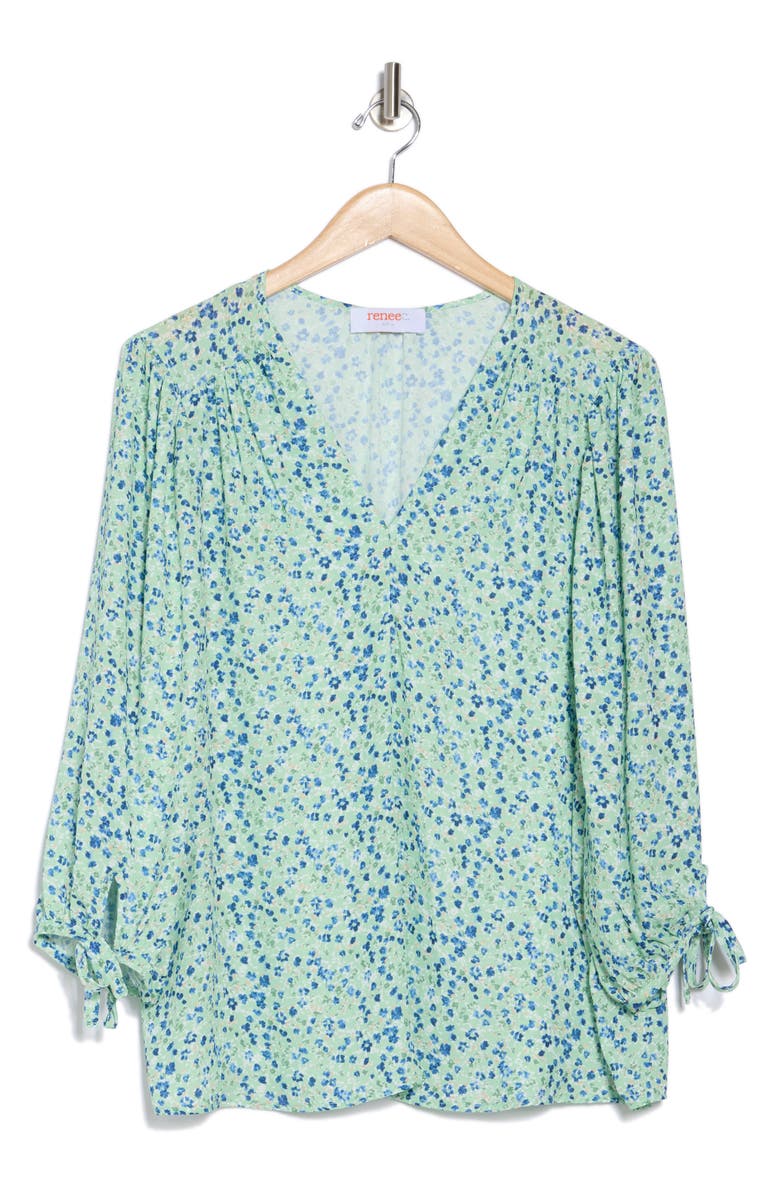 Renee C Ditsy Floral V-Neck Long Sleeve Top, Alternate, color, Sage