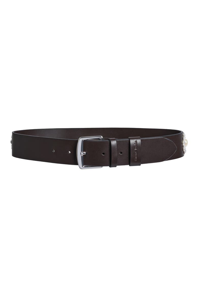 Crystal Embellished Leather Belt, Main, color, DARK CHOCOLATE/ PEARL/ CLEAR