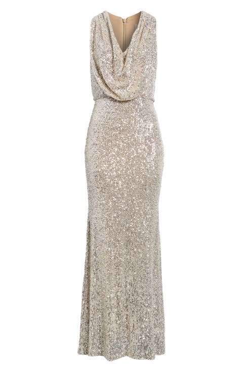 Sequin Cowl Neck Gown