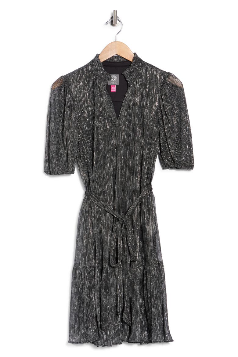 Metallic Crinkle Knit Balloon Sleeve Minidress, Alternate, color, BLACK
