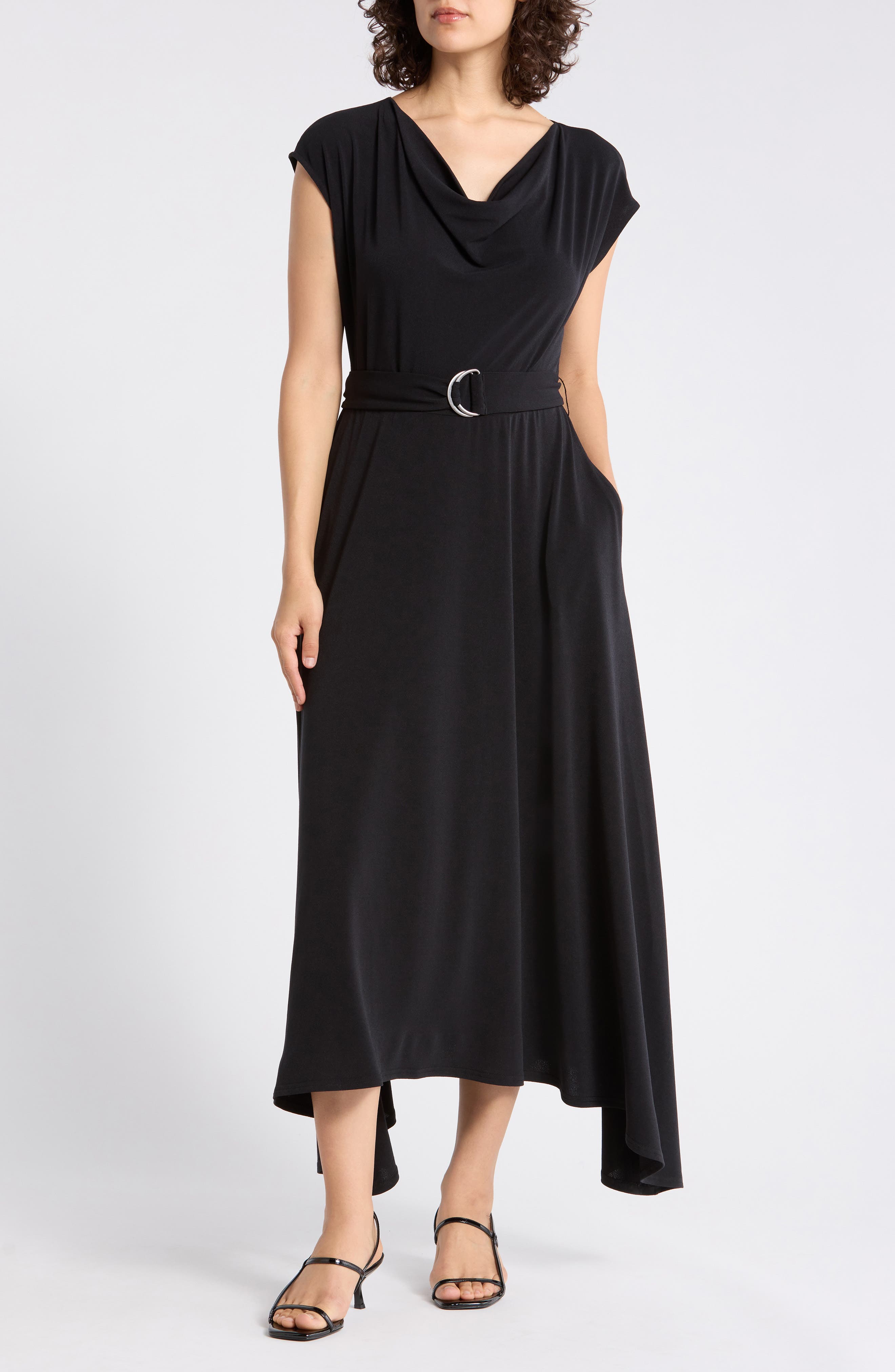 Belted Cowl Neck Handkerchief Dress