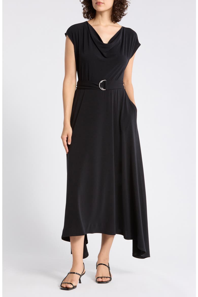 Belted Cowl Neck Handkerchief Dress, Main, color, BLACK