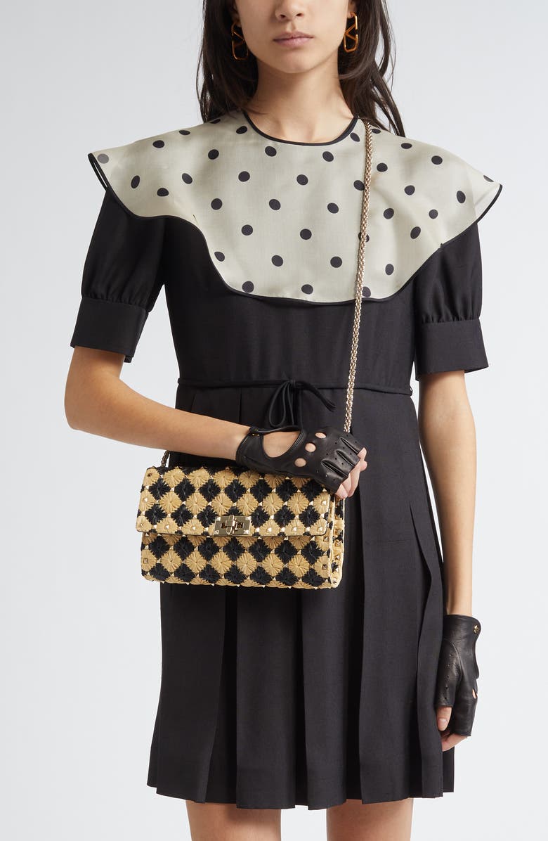 Valentino Garavani Rockstud Spike Check Raffia Shoulder Bag, Alternate, color, Natural/ Black