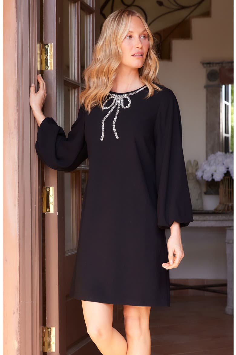 Embellished Bow Long Sleeve Shift Dress, Alternate, color, BLACK