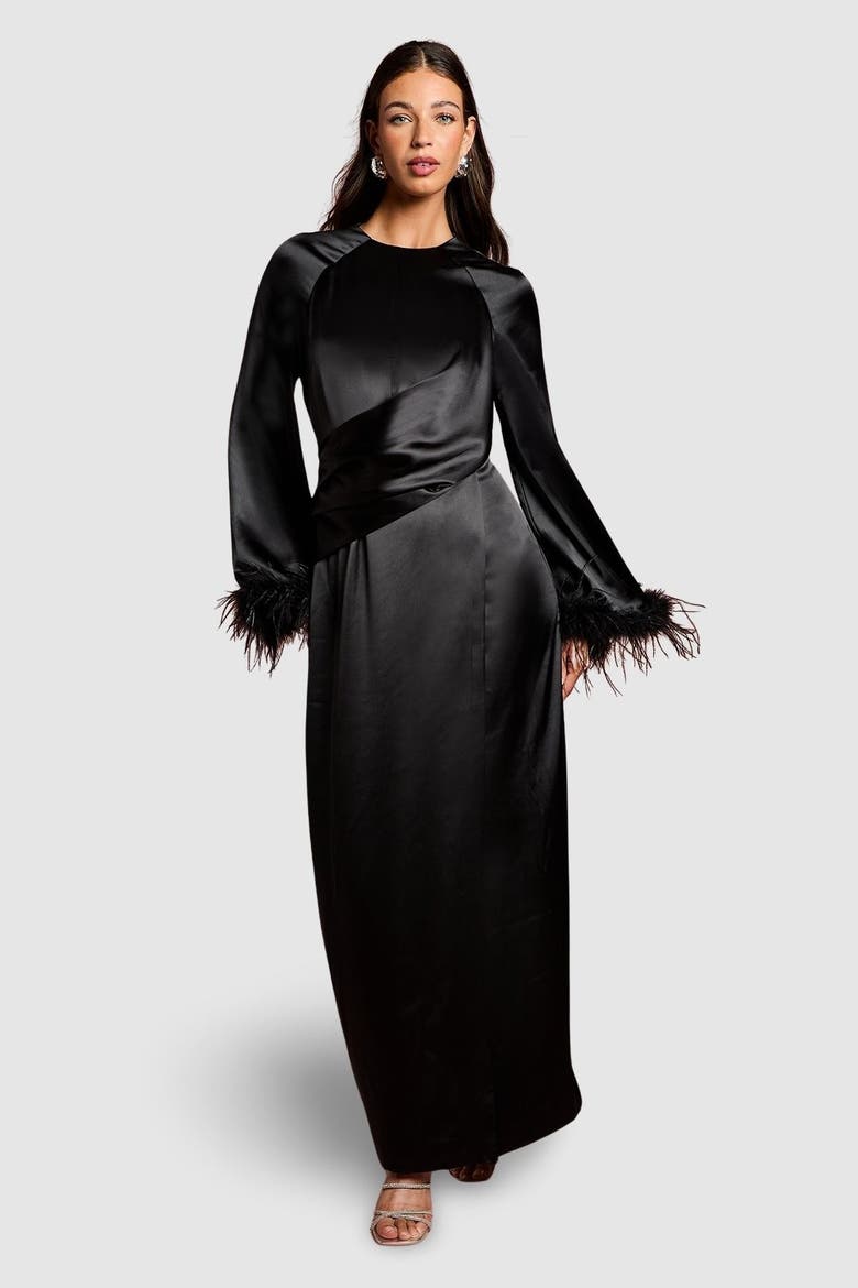 Long Sleeve Trim Satin Maxi Dress, Main, color, Black