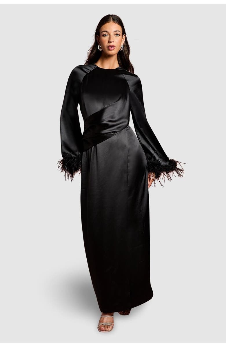 Coast Feather Trim Satin Maxi Dress, Main, color, Black