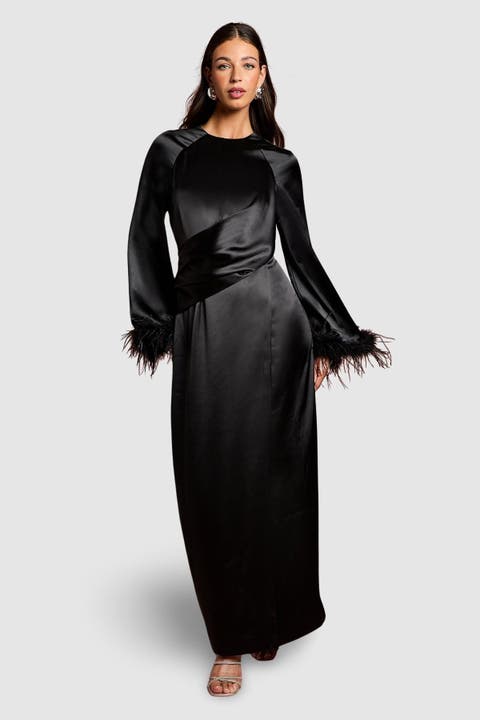 Feather Trim Satin Maxi Dress