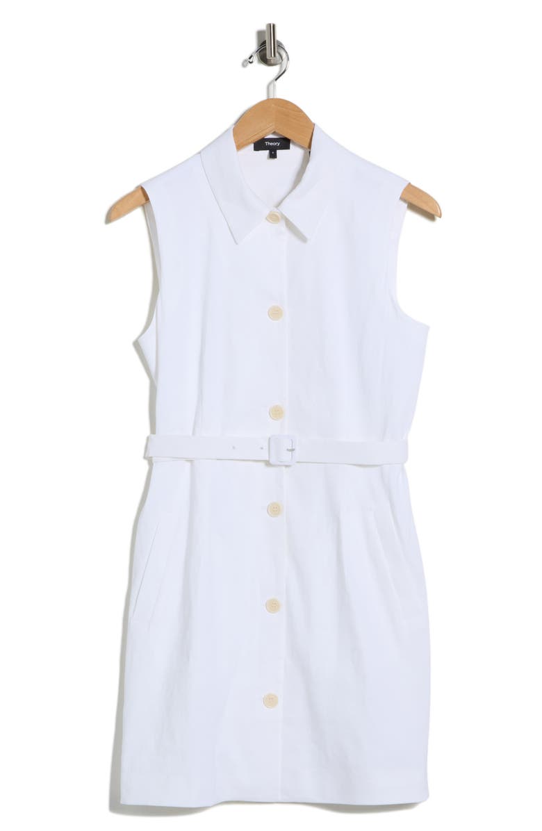 Theory Sleeveless Belted Linen Blend Shirtdress, Main, color, White