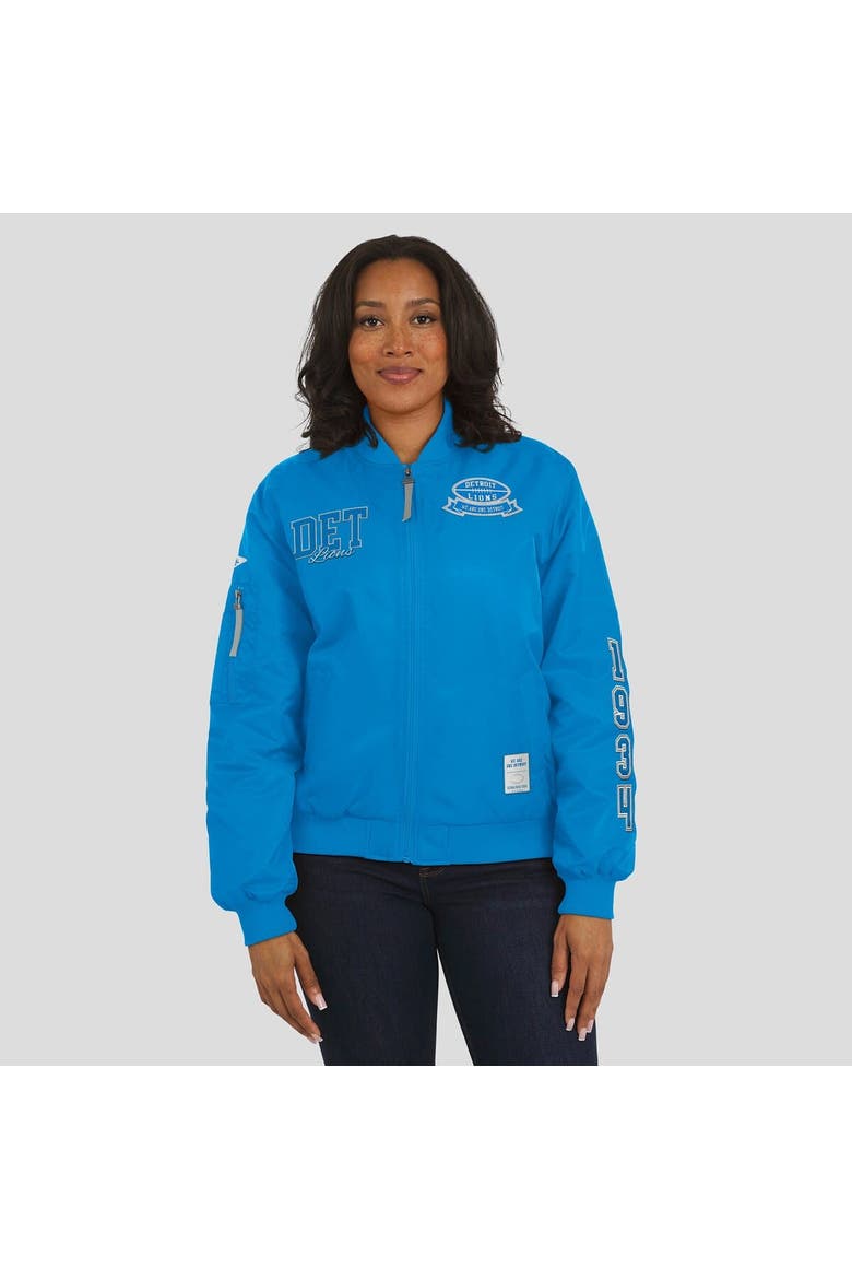 Women's WEAR by Erin Andrews Blue Detroit Lions Patch Full-Zip Bomber Jacket, Alternate, color, Blue