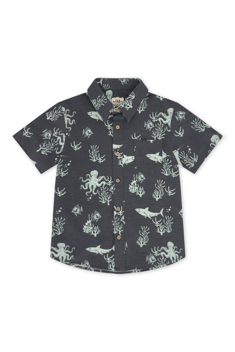 Kids' Ocean Print Short Sleeve Button-Up Shirt, Main, color, BLACK SAND