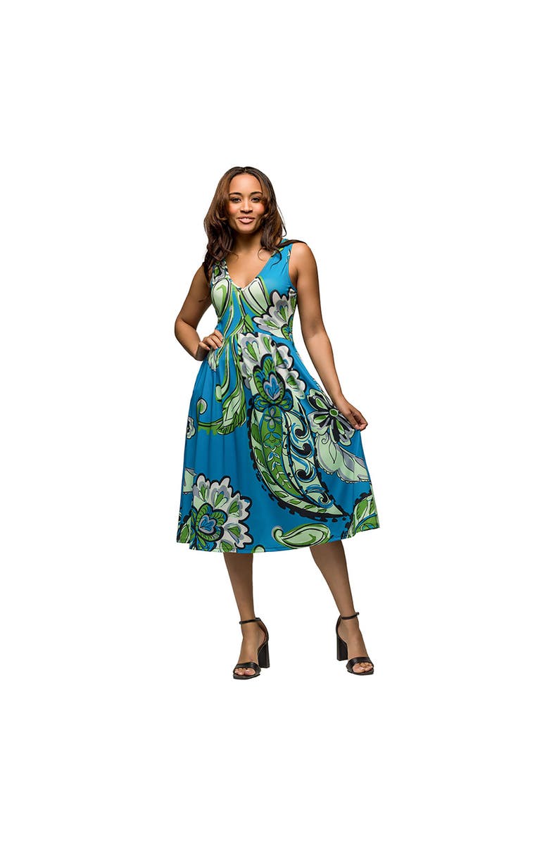 24seven Comfort Apparel Maternity Midi Length Teal Paisley Print Sleeveless Pleated Pocket Dress, Main, color, Blue Multi