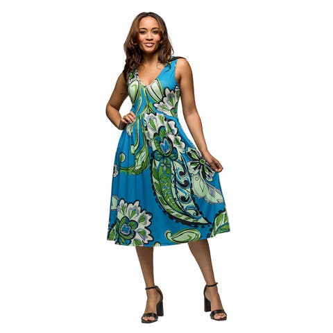 Maternity Midi Length Teal Paisley Print Sleeveless Pleated Pocket Dress