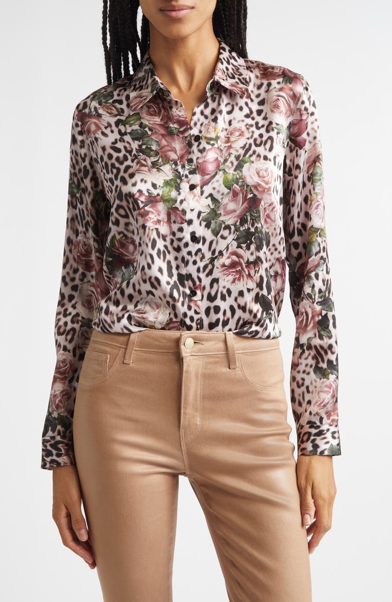 L'AGENCE Tyler Leopard Rose Print Silk Button-Up Shirt, Main, color, Small Rose Cheetah