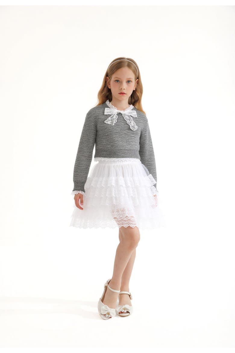 Lace-Bow Top with Tiered Skirt, Alternate, color, Grey