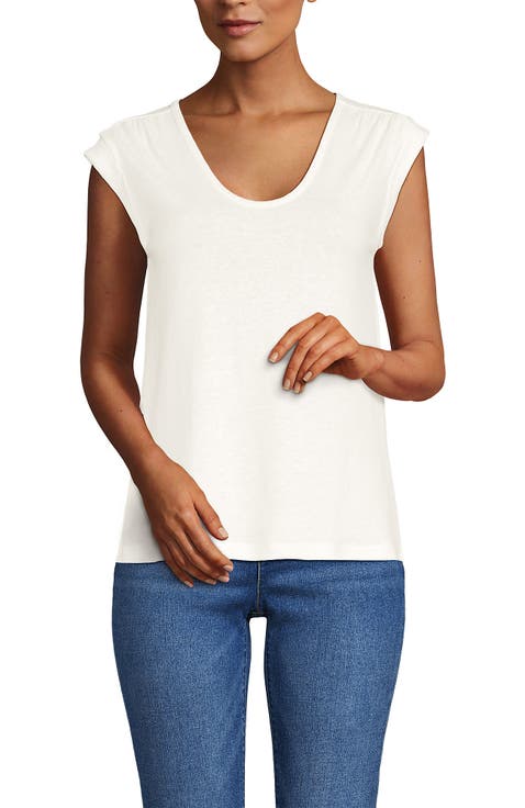 Linen Blend Cap Sleeve Gathered Shoulder Tee