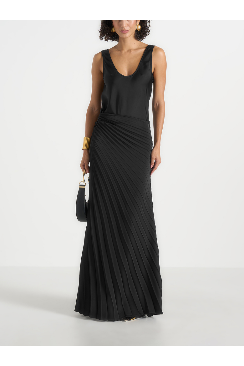 Fiona Satin Fan Pleat Maxi Skirt, Main, color, Black