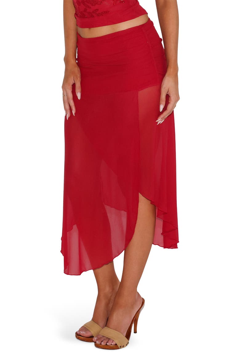 Mariana Asymmetric Hem Mesh Skirt, Alternate, color, RED