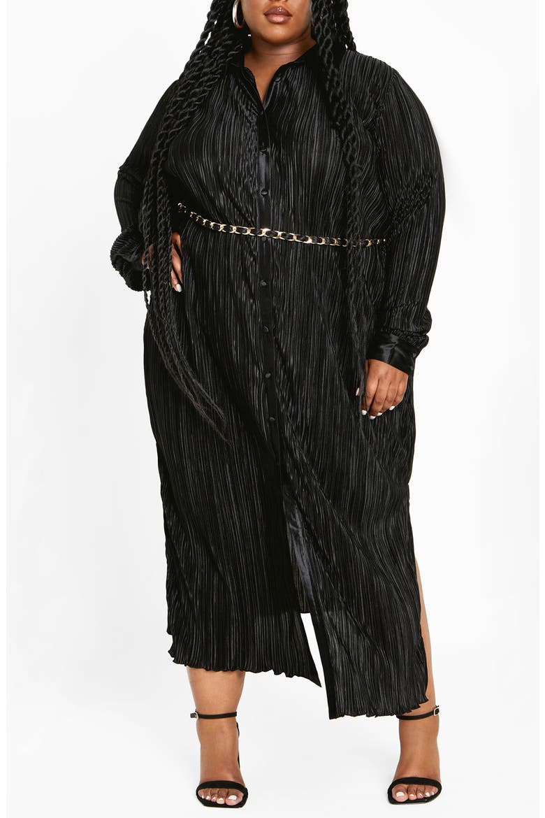 Amirah Plissé Long Sleeve Maxi Shirtdress, Main, color, BLACK