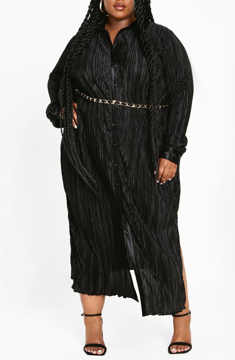 City Chic Amirah Plissé Long Sleeve Maxi Shirtdress, Main, color, Black