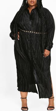 City Chic Amirah Plissé Long Sleeve Maxi Shirtdress