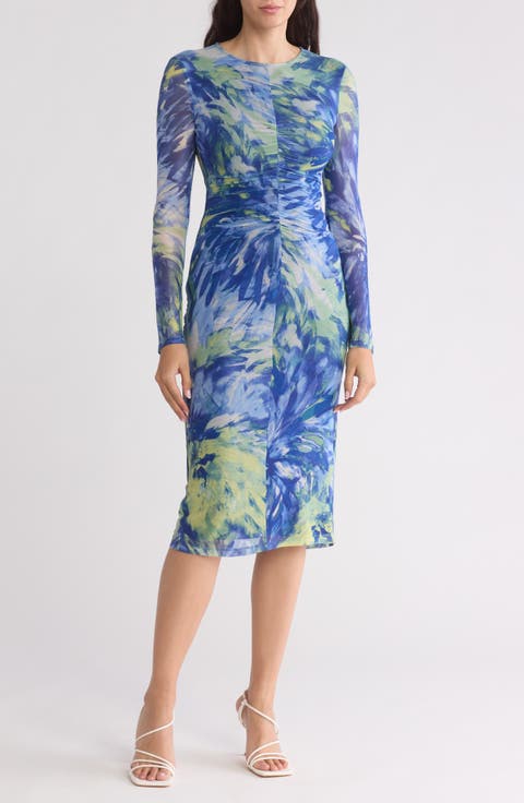 Ruched Mesh Long Sleeve Dress