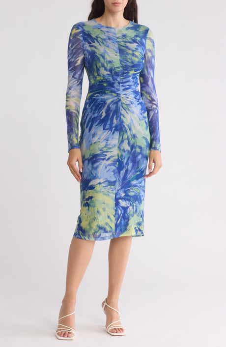 Vince Camuto Ruched Mesh Long Sleeve Dress