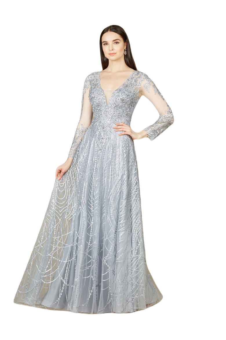 Long Sheer Sleeve V-Neckline Sheath Gown, Main, color, LightBlue
