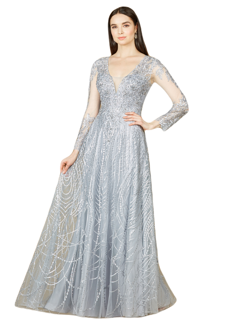 Long Sheer Sleeve V-Neckline Sheath Gown