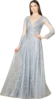 LARA New York Long Sheer Sleeve V-Neckline Sheath Gown