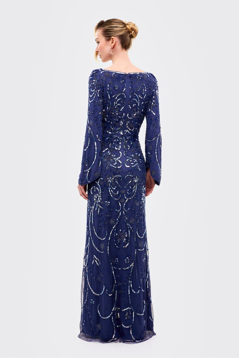 Deep Neck Embellished Sequins Maxi Dress, Alternate, color, BLUE