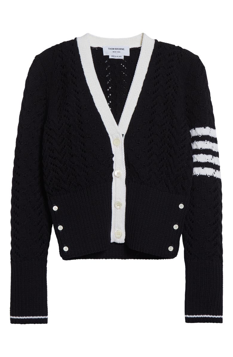 Thom Browne 4-Bar Pointelle Cable Virgin Wool Cardigan, Alternate, color, Navy
