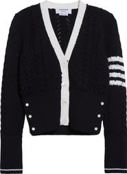 Thom Browne 4-Bar Pointelle Cable Virgin Wool Cardigan