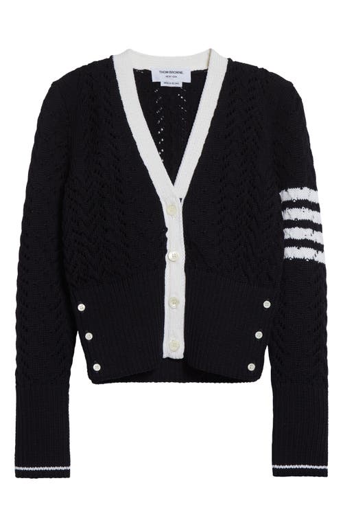 Thom Browne 4-bar Pointelle Cable Virgin Wool Cardigan In Blue