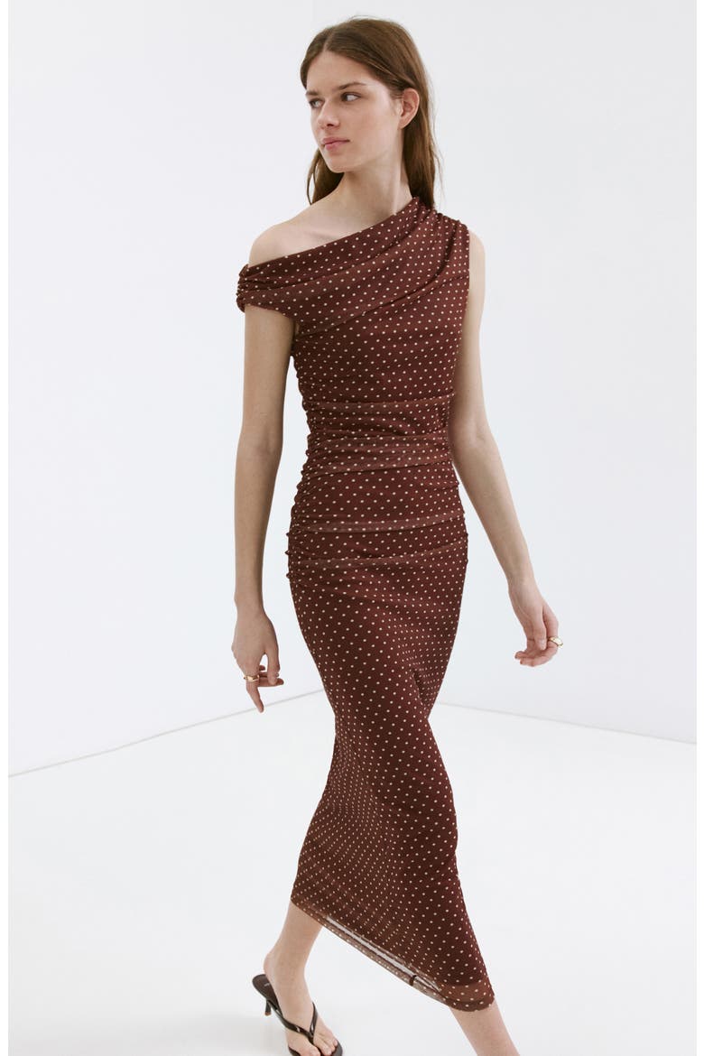 Ruched Dot Midi Dress, Alternate, color, BROWN