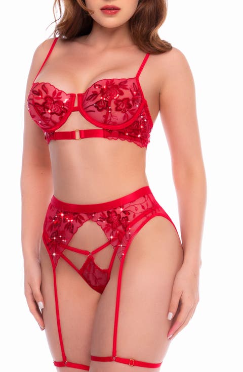 3-Piece Sequin Embroidered Underwire Bra, Thong & Garter Belt