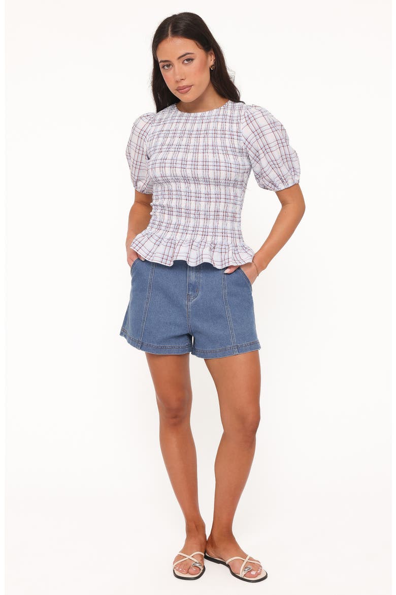 Callista Plaid Smocked Puff Sleeve Top, Alternate, color, LIGHT BLUE PLAID