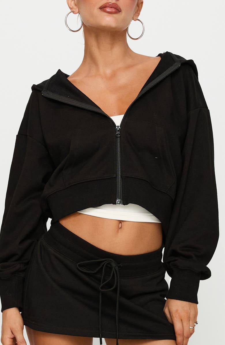 Princess Polly Revive Crop Zip-Up Hoodie, Main, color, Black