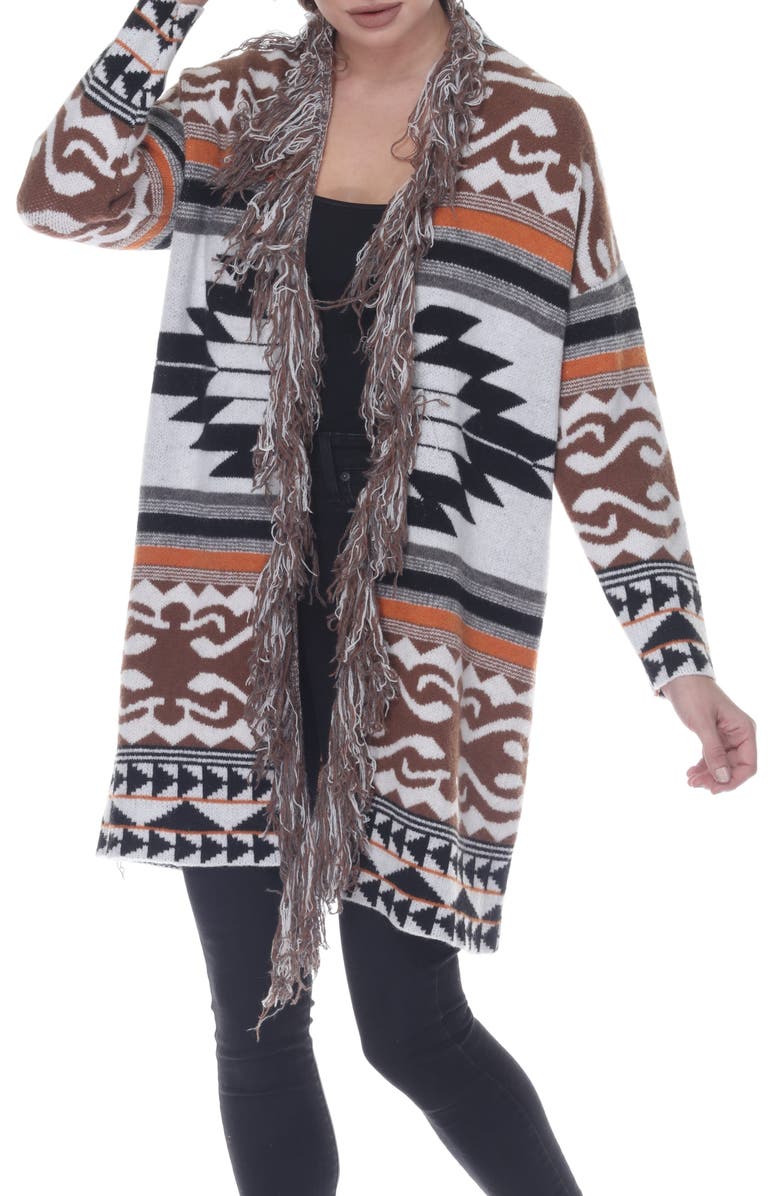 RAIN AND ROSE Fringe Trim Longline Cardigan, Main, color, Chocolate
