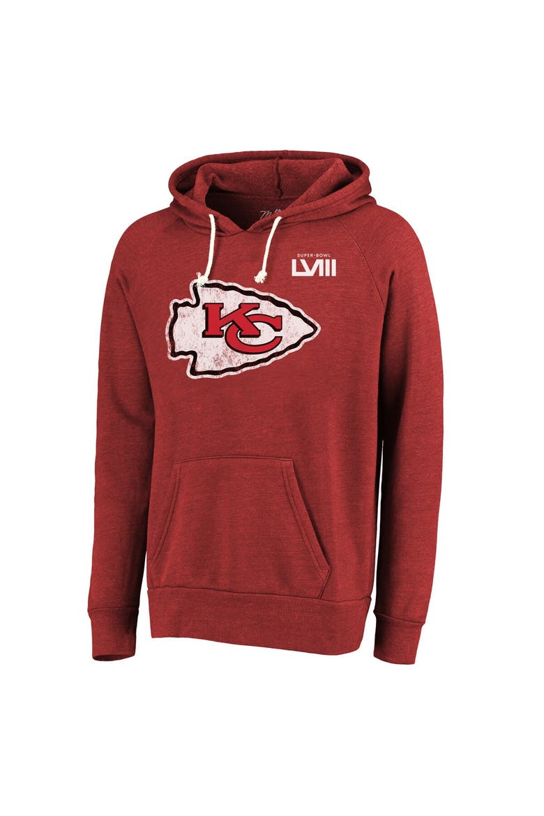Men's Majestic Threads Travis Kelce Red Kansas City Chiefs Super Bowl LVIII Player Name & Number Tri-Blend Pullover Hoodie, Alternate, color, Red