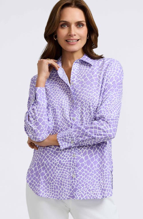 Foxcroft Meghan Giraffe Print Linen Blend Button-up Shirt In Amethyst/white