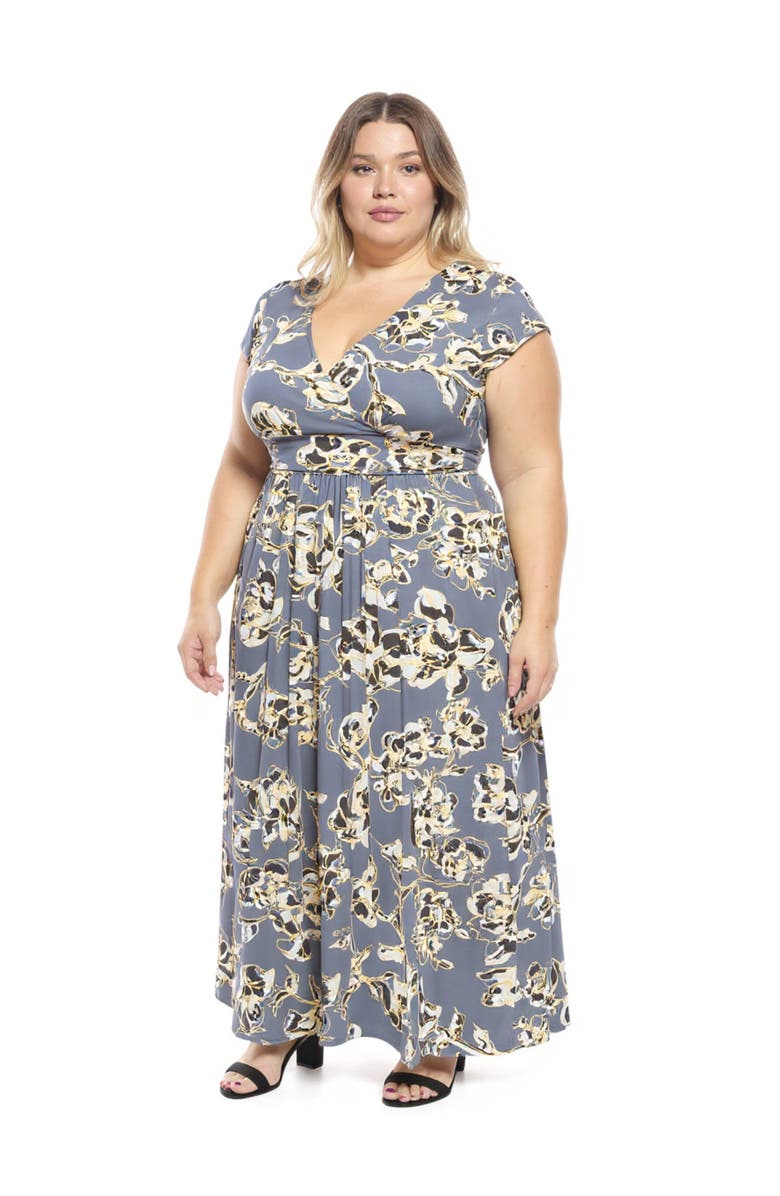 24seven Comfort Apparel Plus Size Floral V-Neck Cap Sleeve Side Slit Pocket Maxi Dress, Alternate, color, Grey Multi